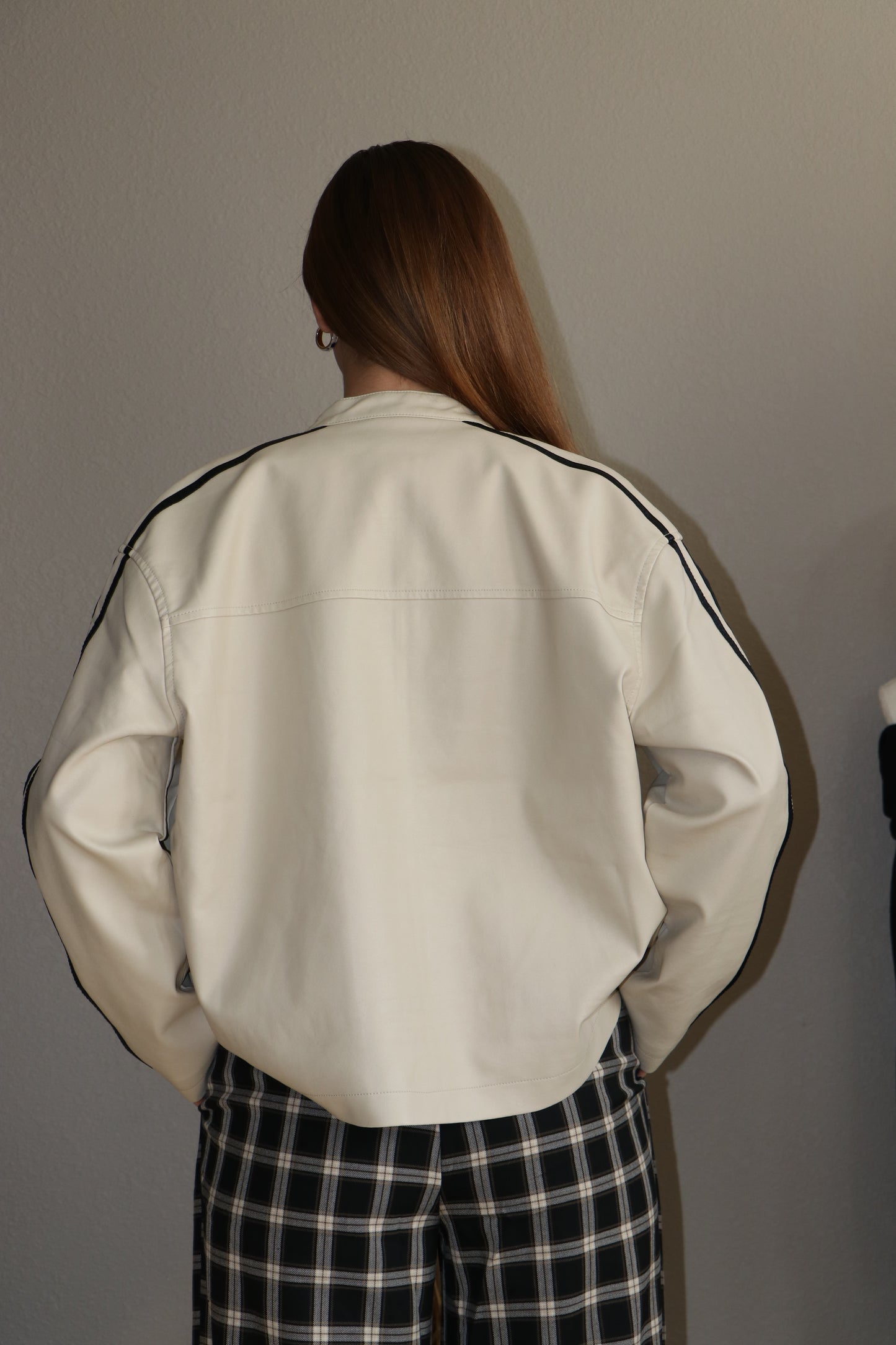 Long Sleeve Line Detail Washed Effect Faux Leather Jacket