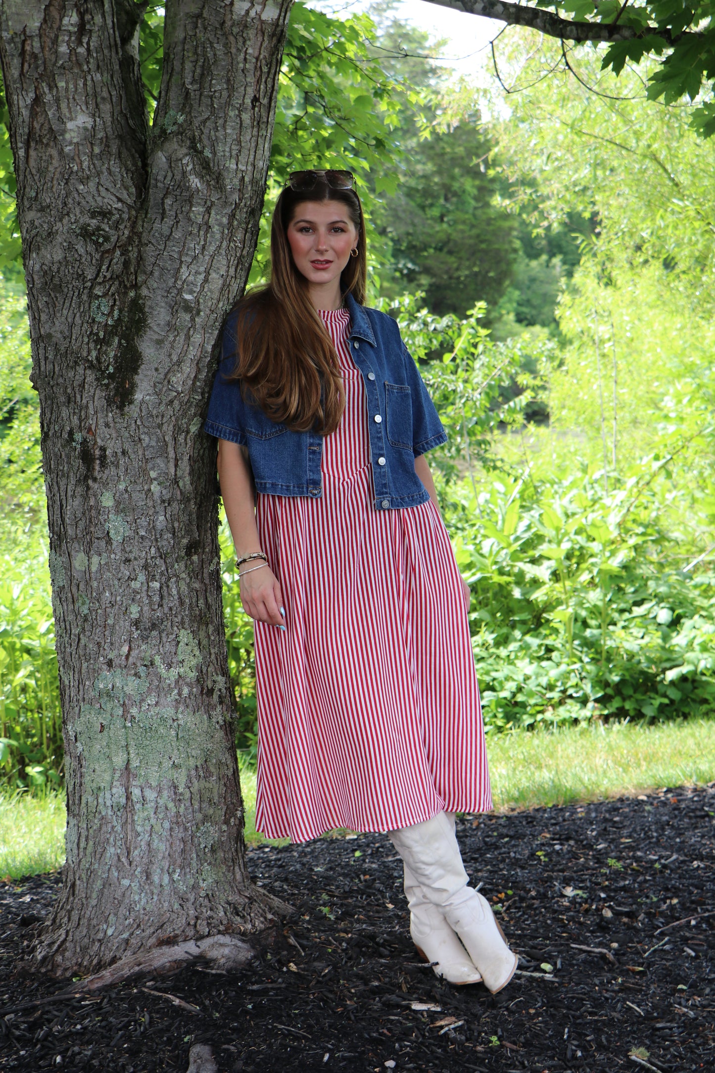 Sweet Liberty Boat Neck Striped Linen Effect Midi Dress
