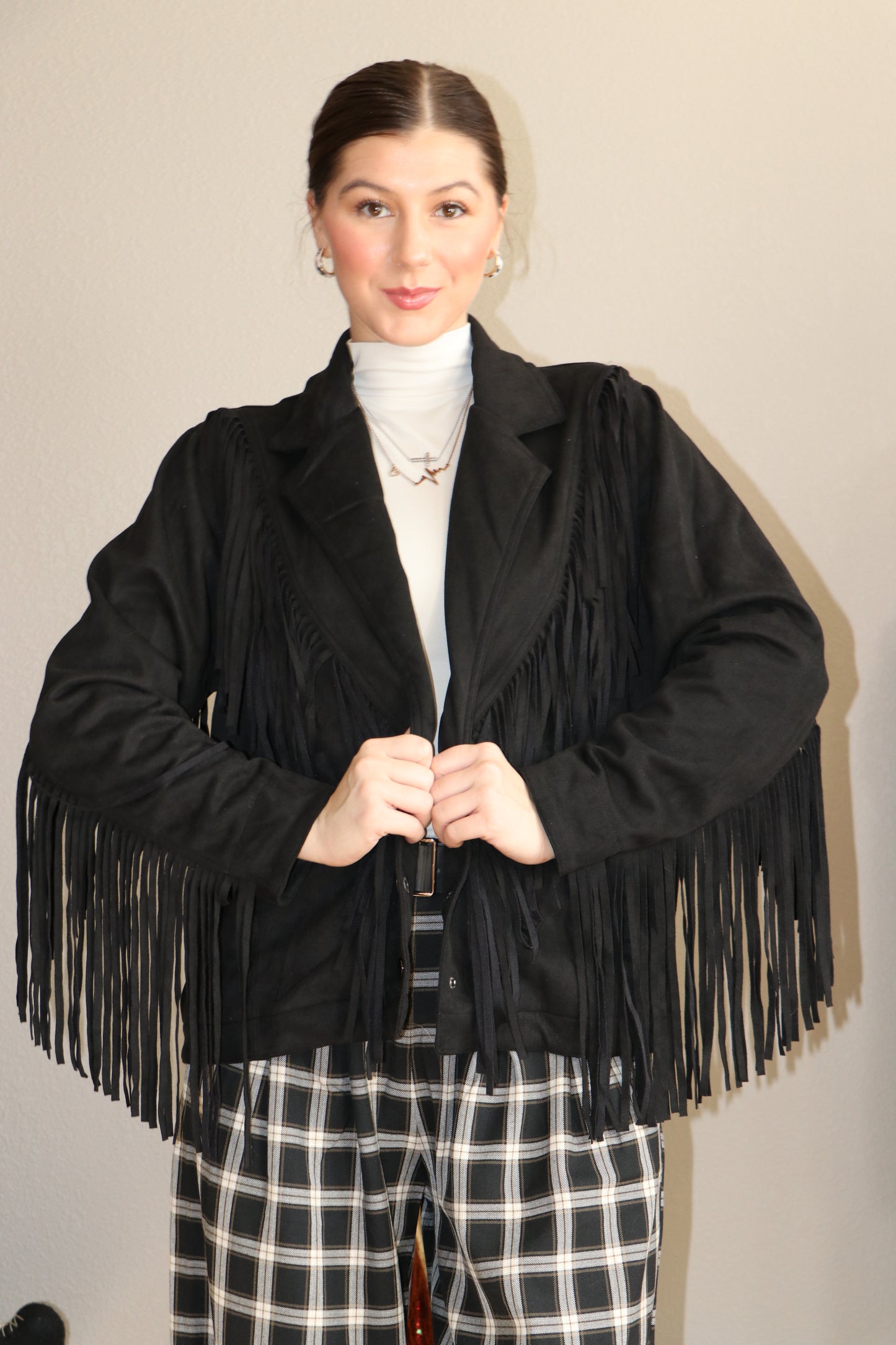 Suede Fringe Snap Button Jacket