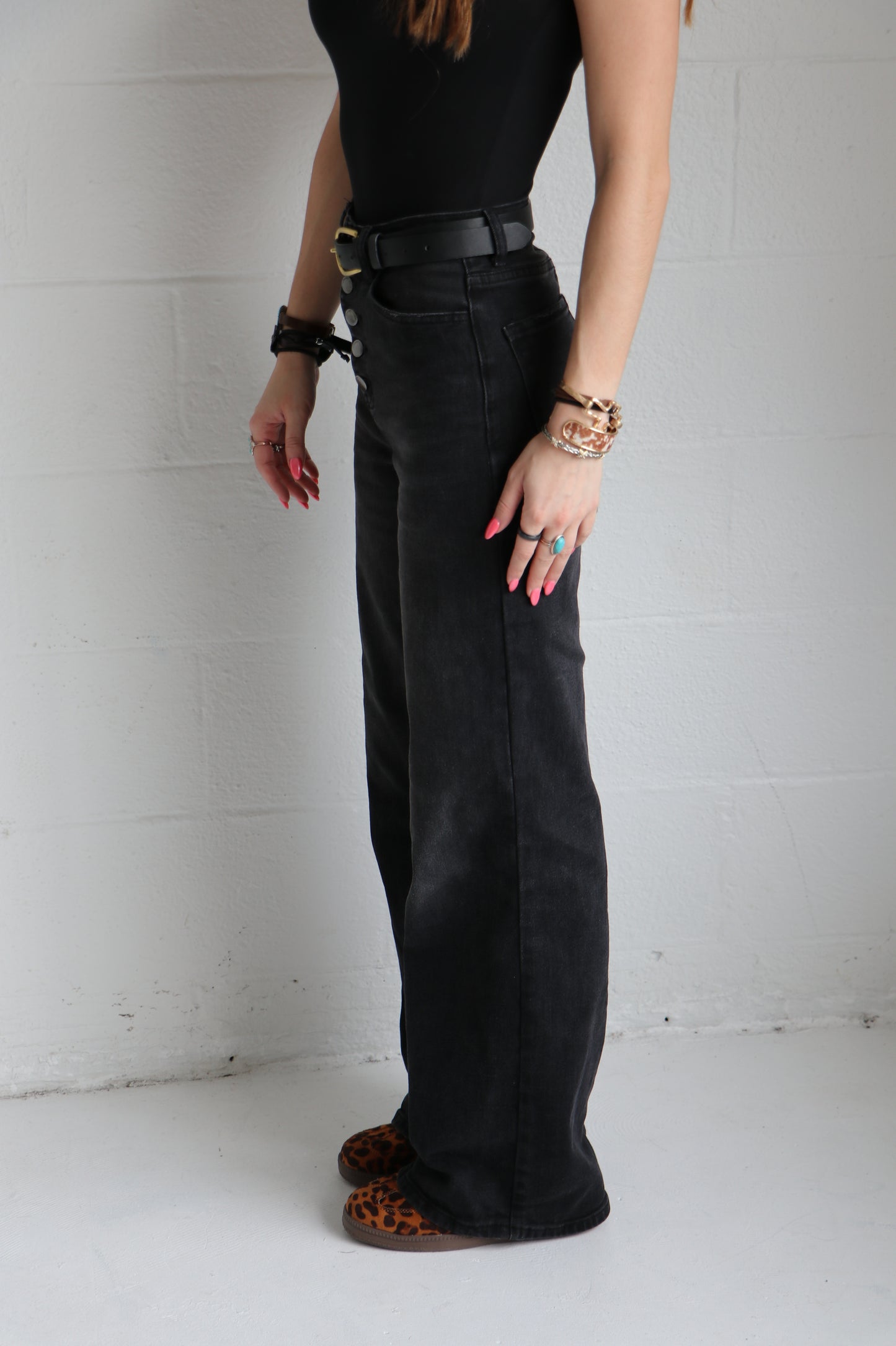 Everyday Black High-Waist Button Up Wide Leg Jeans