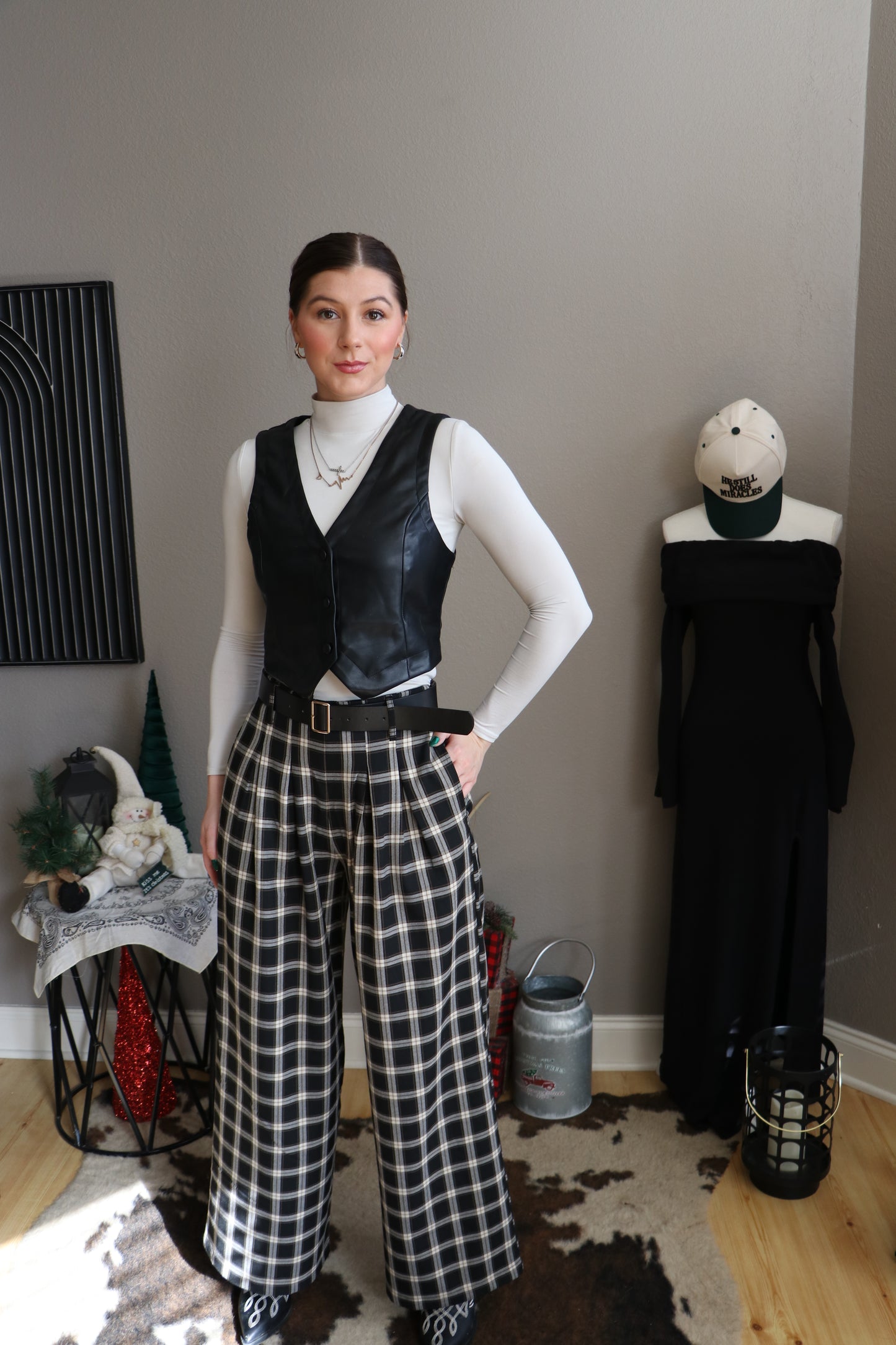 Pleats Detail Belted Side Zipper Plaid Woven Wide Long Pants