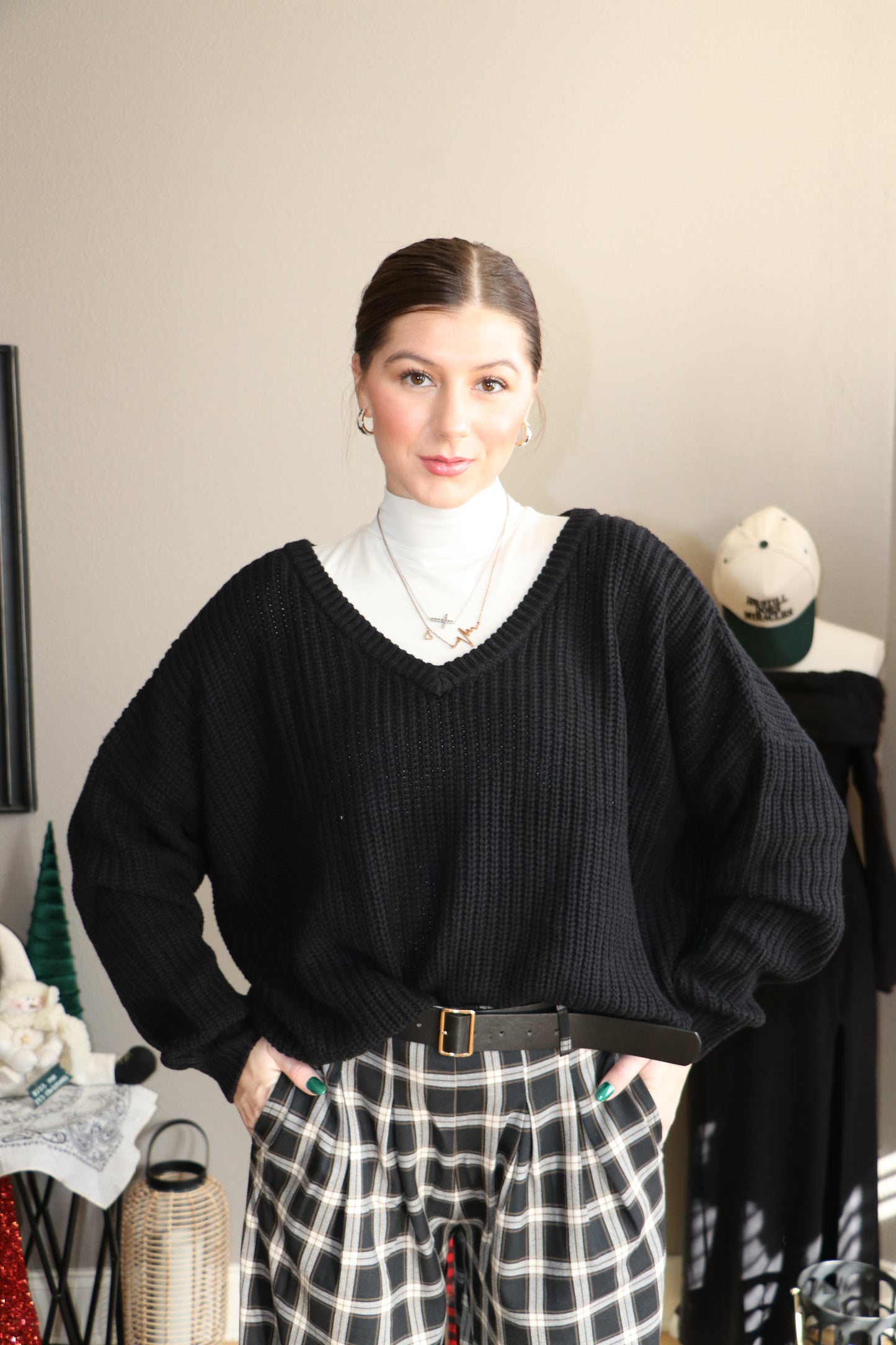 Oversized V-Neck Knit Sweater