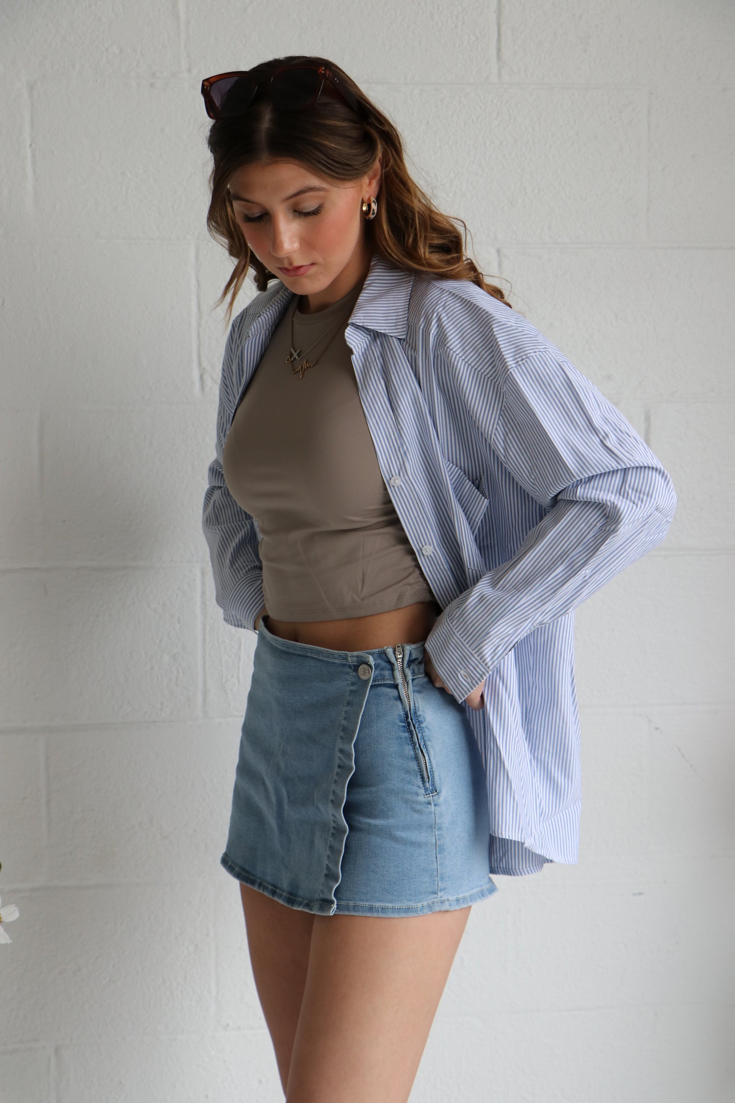 Wrap Front Zip Up Denim Skort