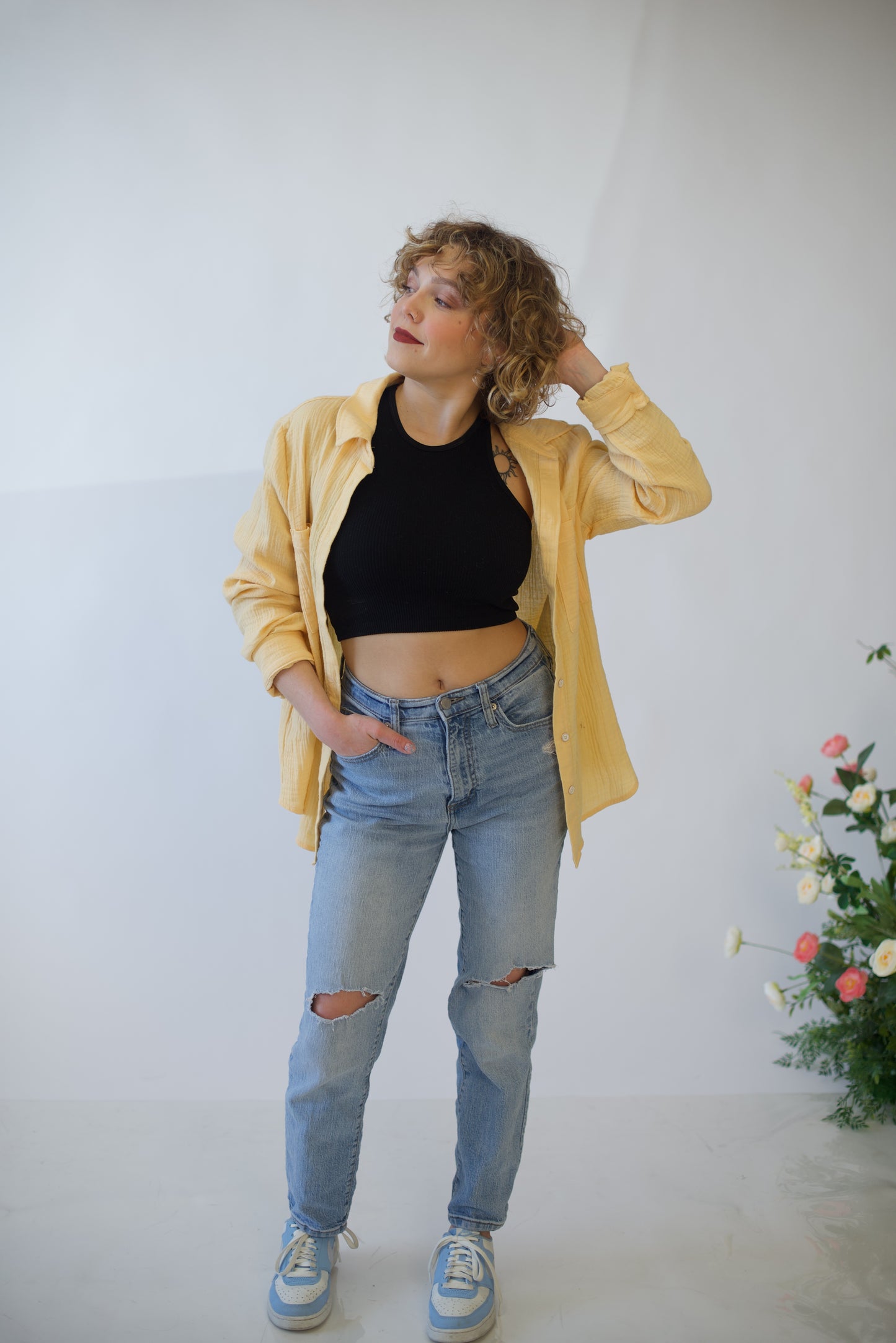 Beach Banana Cotton Gauze Button Up Long Sleeve Top