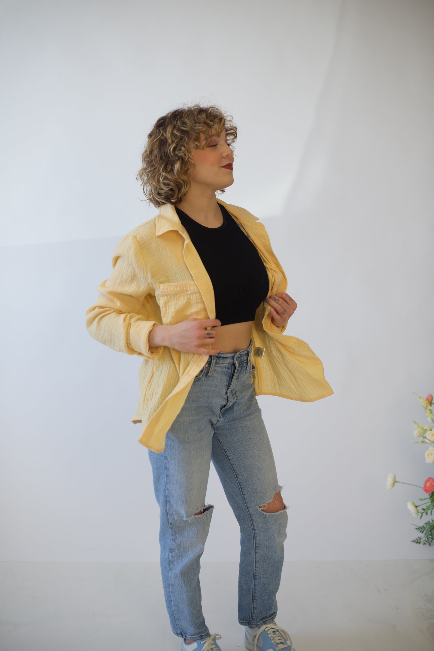 Beach Banana Cotton Gauze Button Up Long Sleeve Top