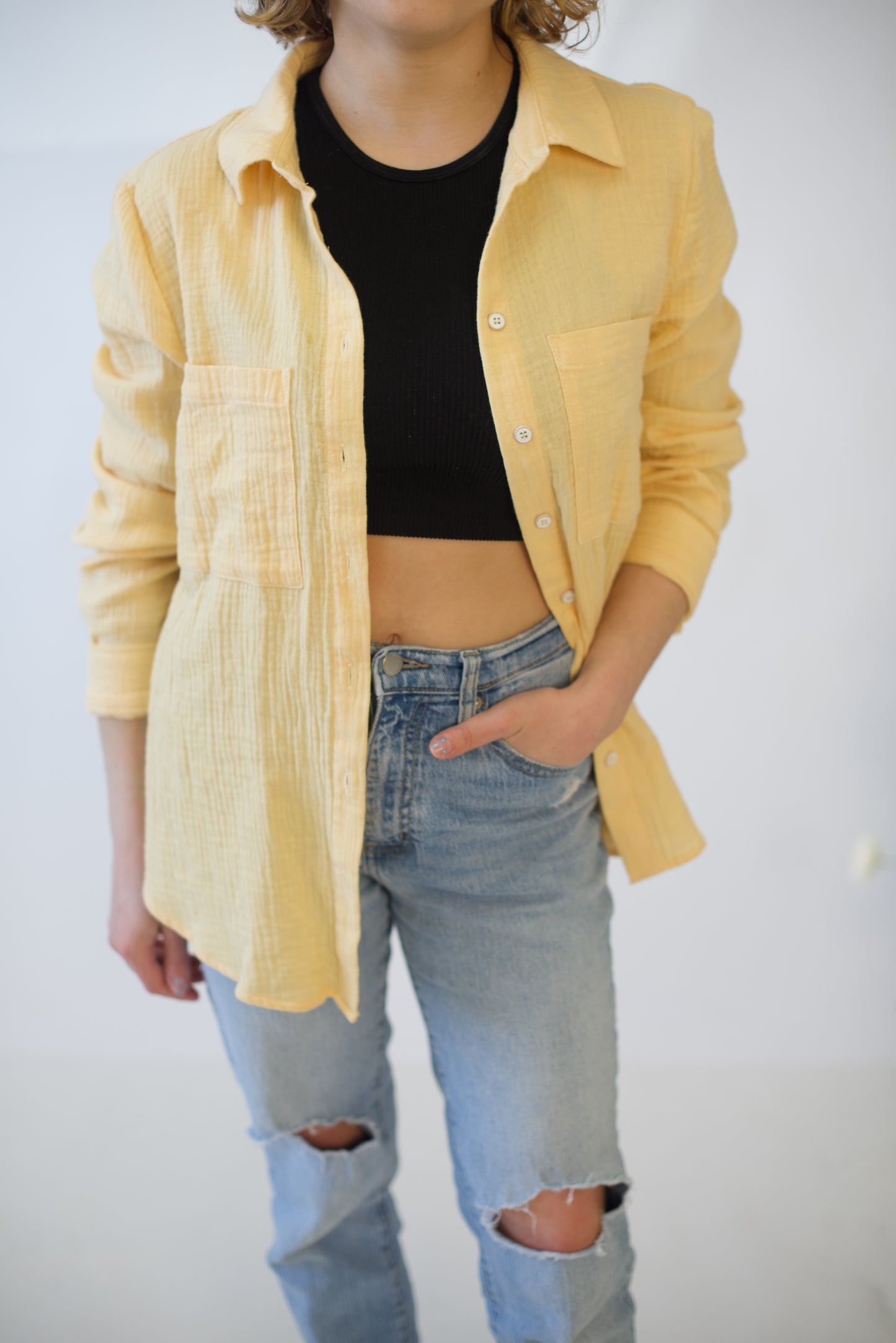 Beach Banana Cotton Gauze Button Up Long Sleeve Top