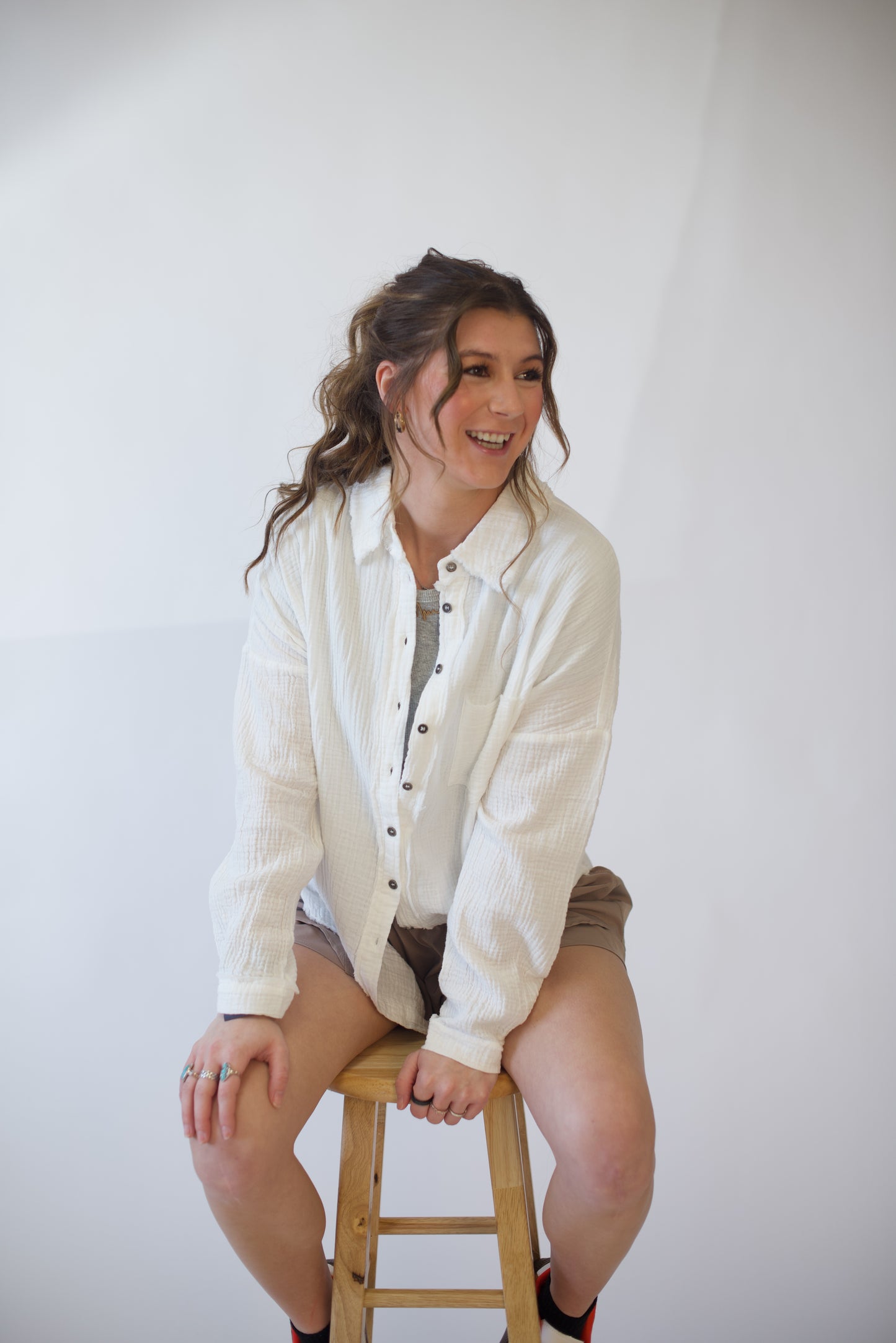 The Coastal Ease Oversized Gauze Shirt | White Long Sleeve Button-Up