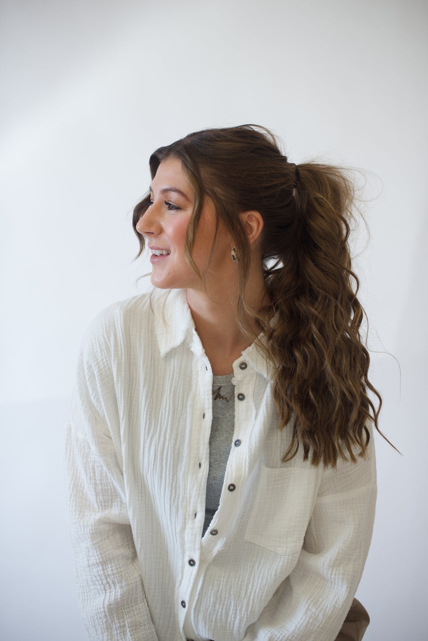 The Coastal Ease Oversized Gauze Shirt | White Long Sleeve Button-Up