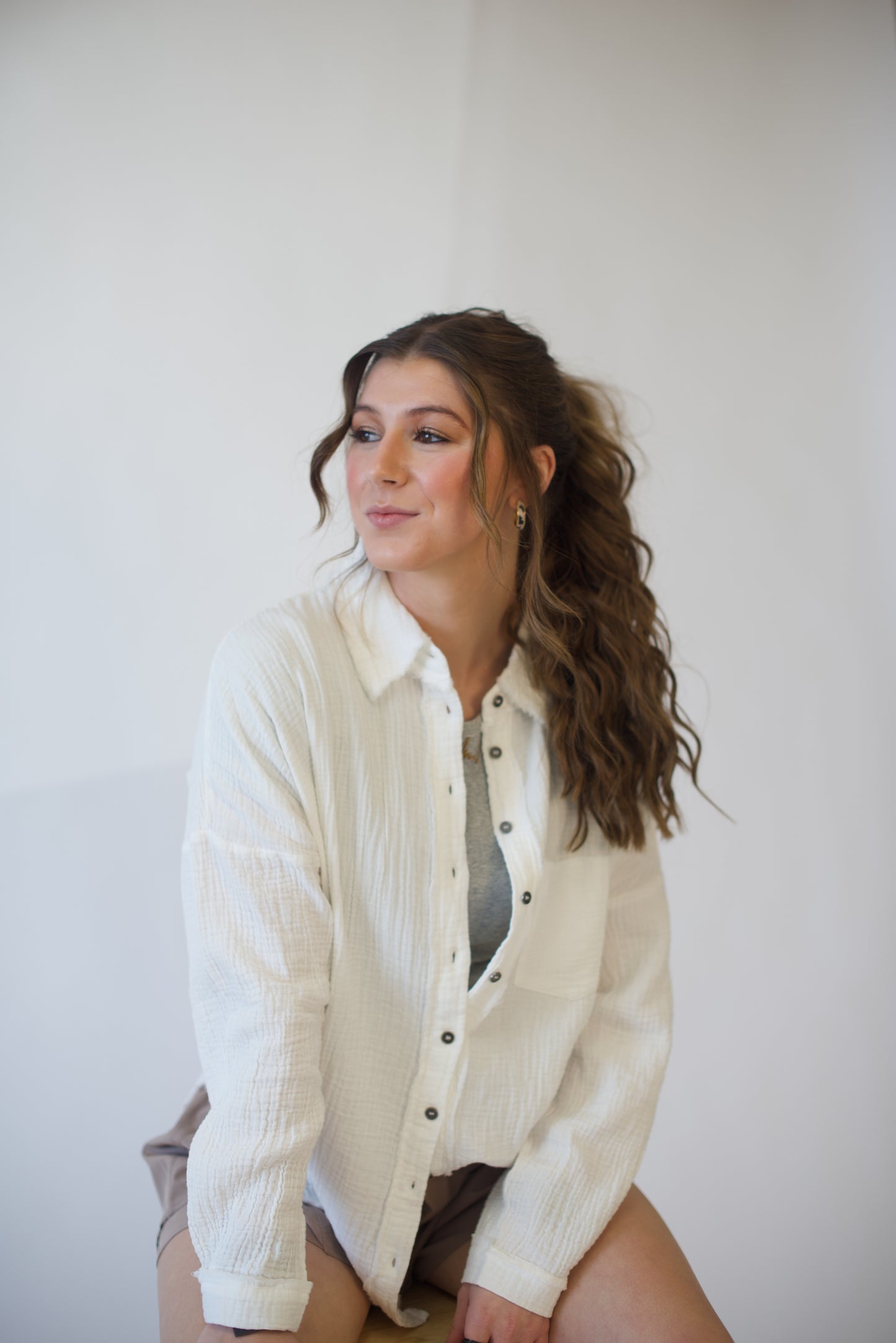 The Coastal Ease Oversized Gauze Shirt | White Long Sleeve Button-Up