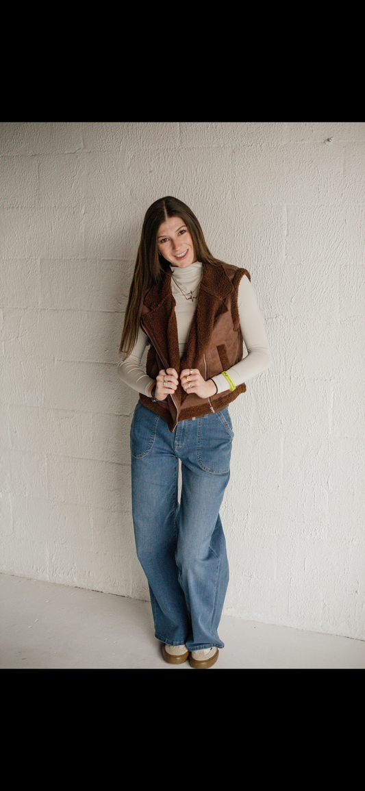 Faux Suede Teddy Fur Crop Vest