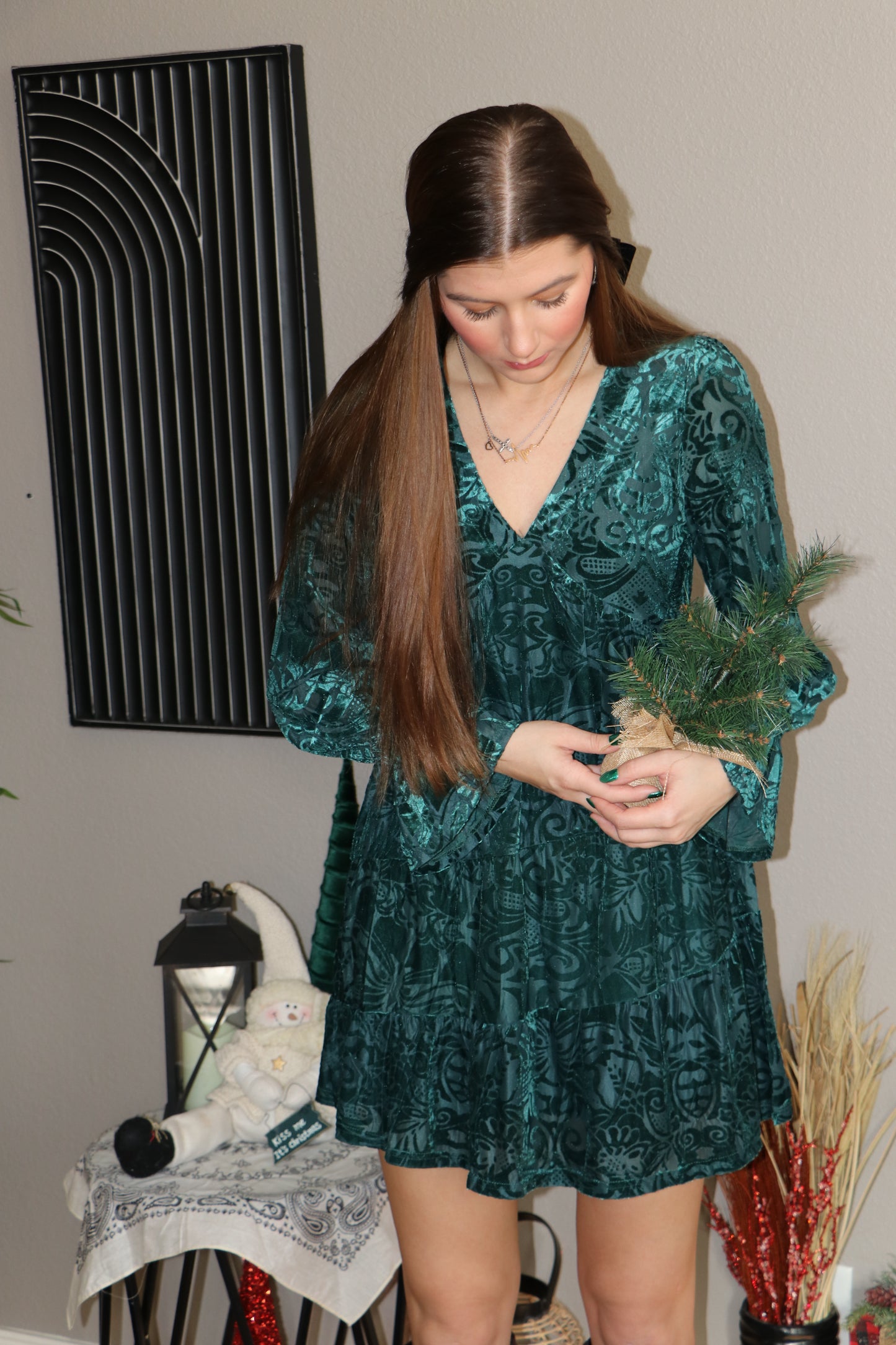 Deep V-neck Jacquard Velvet Holiday Mini Dress