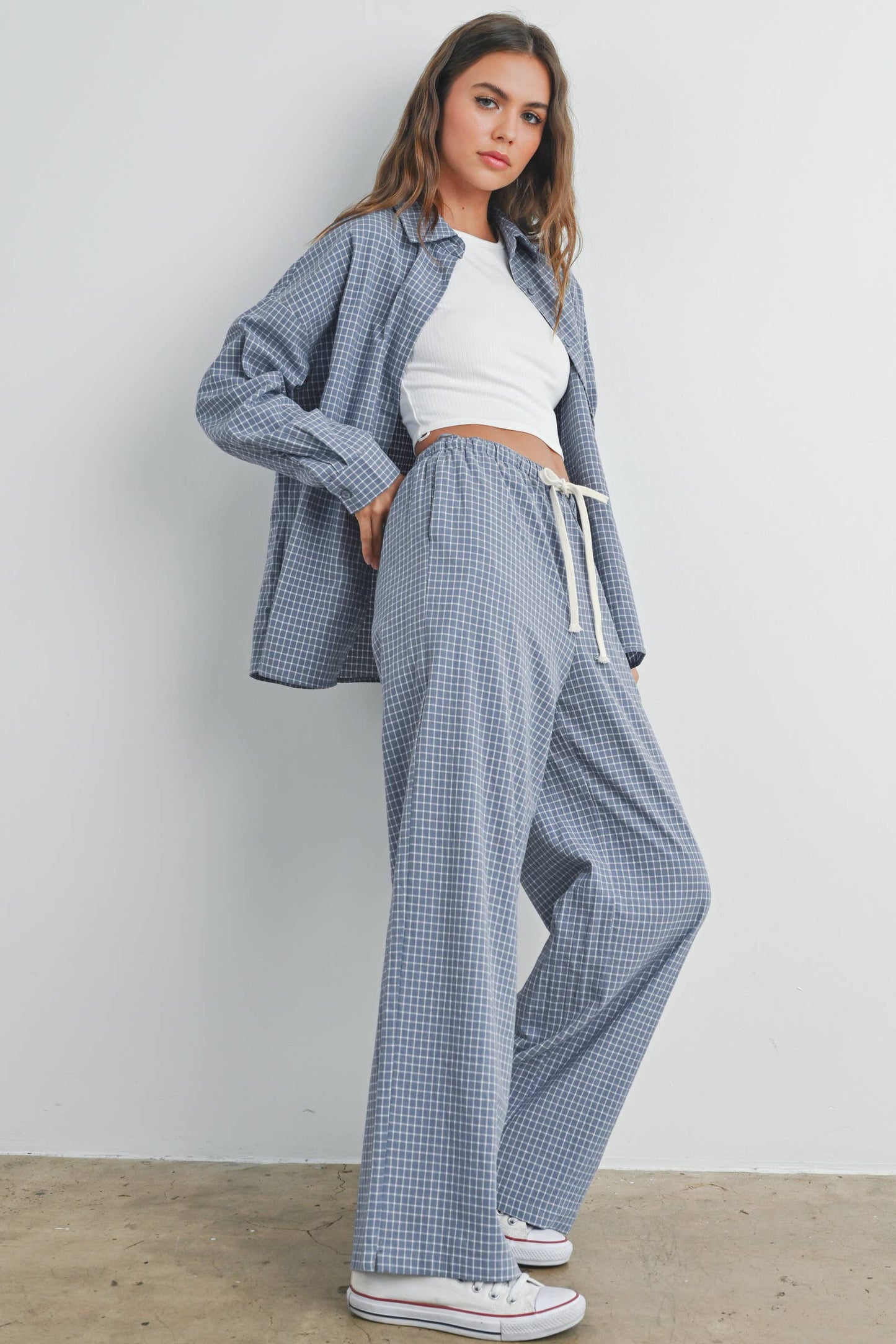 High Waisted Drawstring Plaid Pant