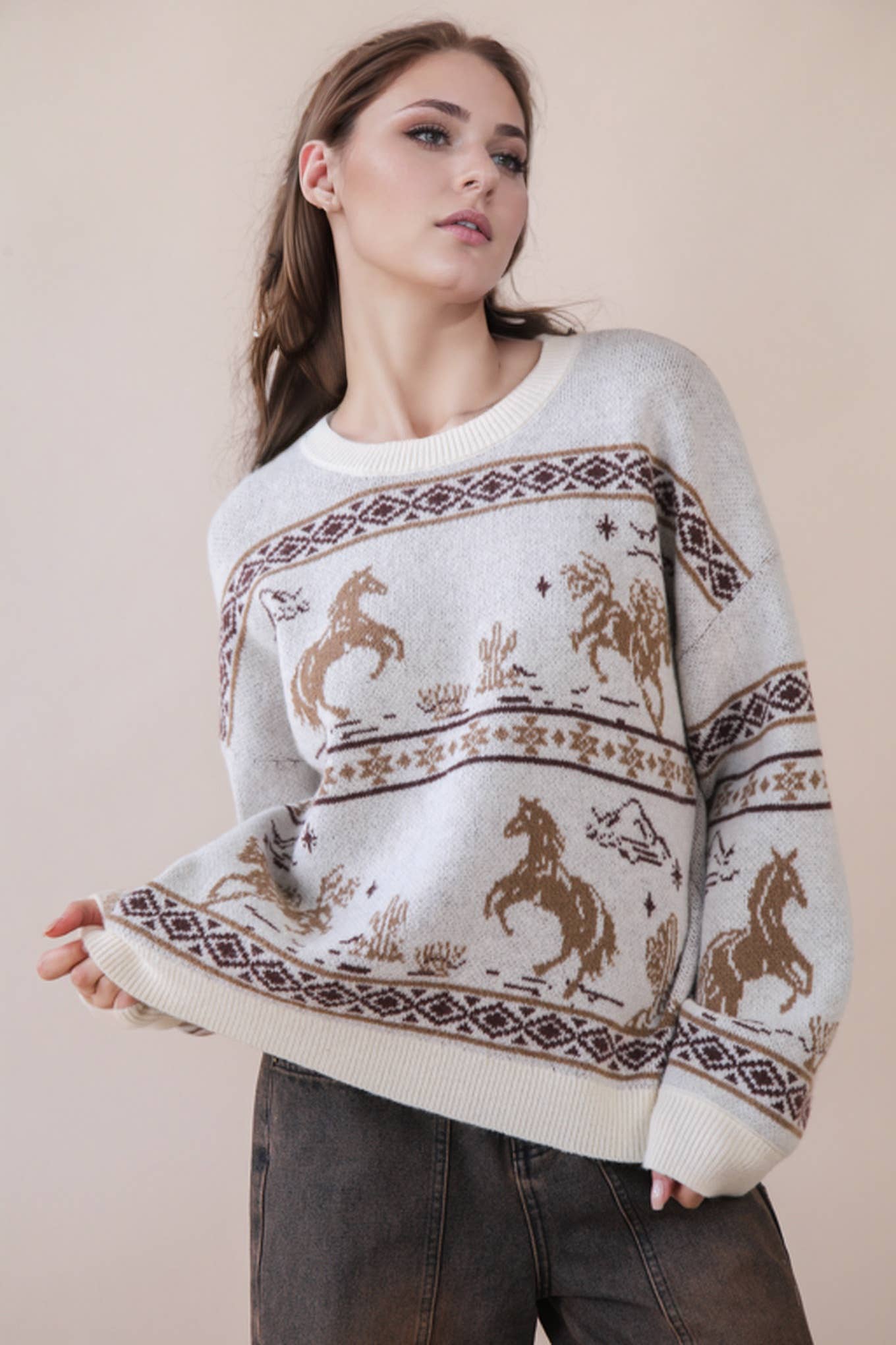 Oversized Western Horse Graphic Knit Sweater Top