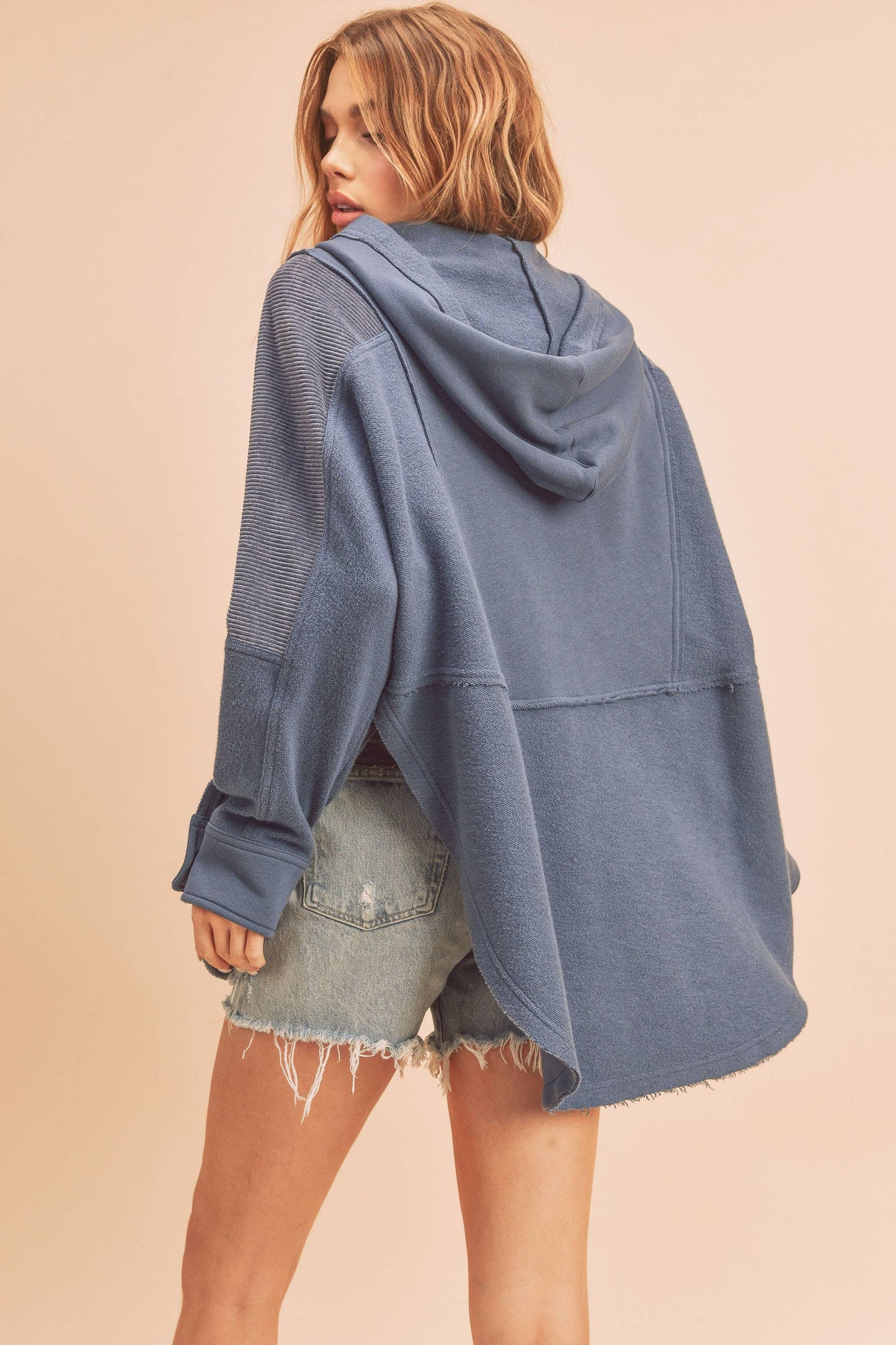 Mix Media Button Up Hooded Pullover