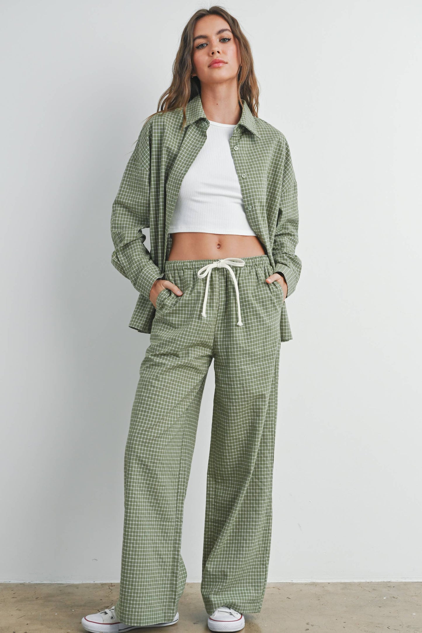 High Waisted Drawstring Plaid Pant