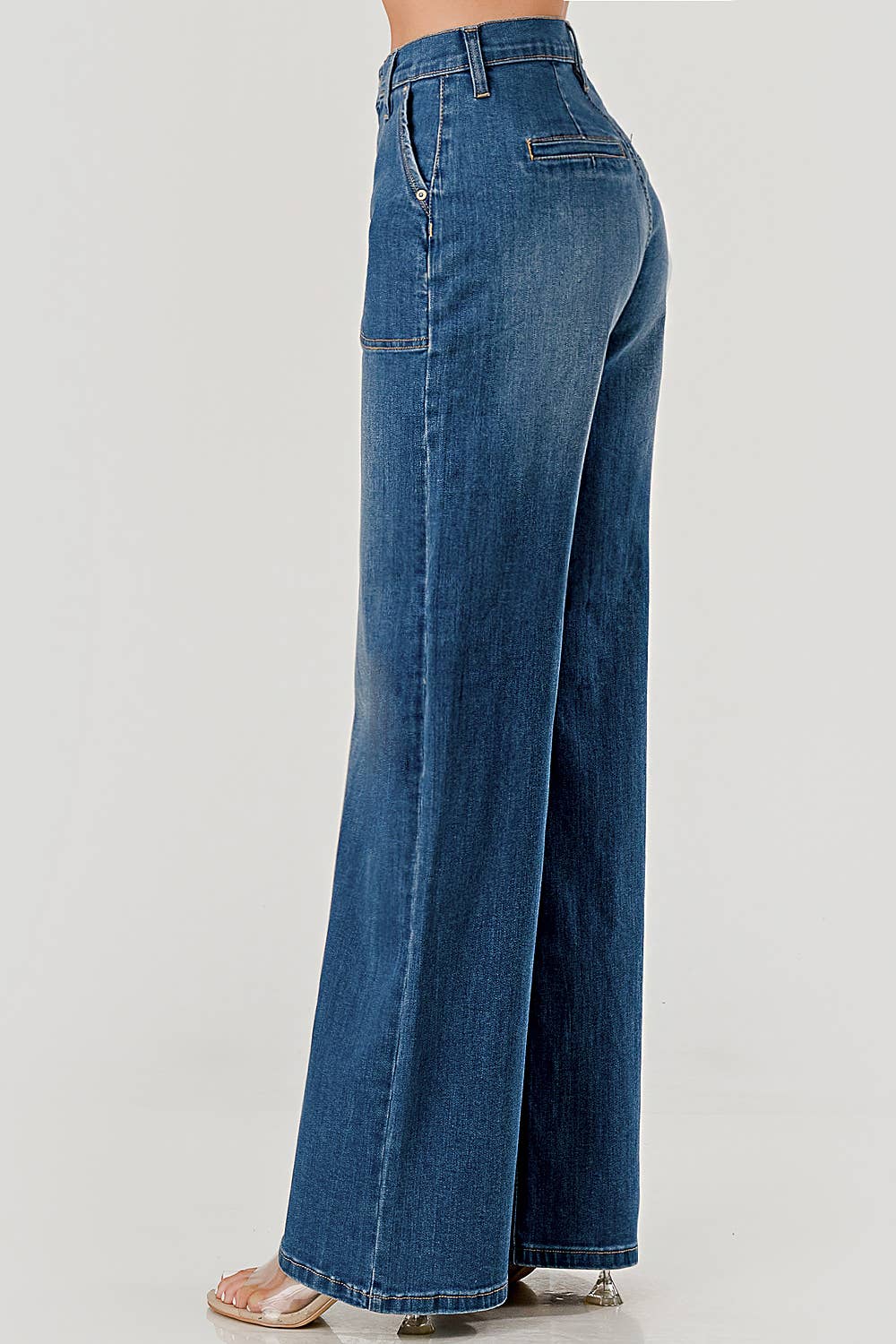 Medium Wash High Rise Patched Pocket Wide Leg Jeans