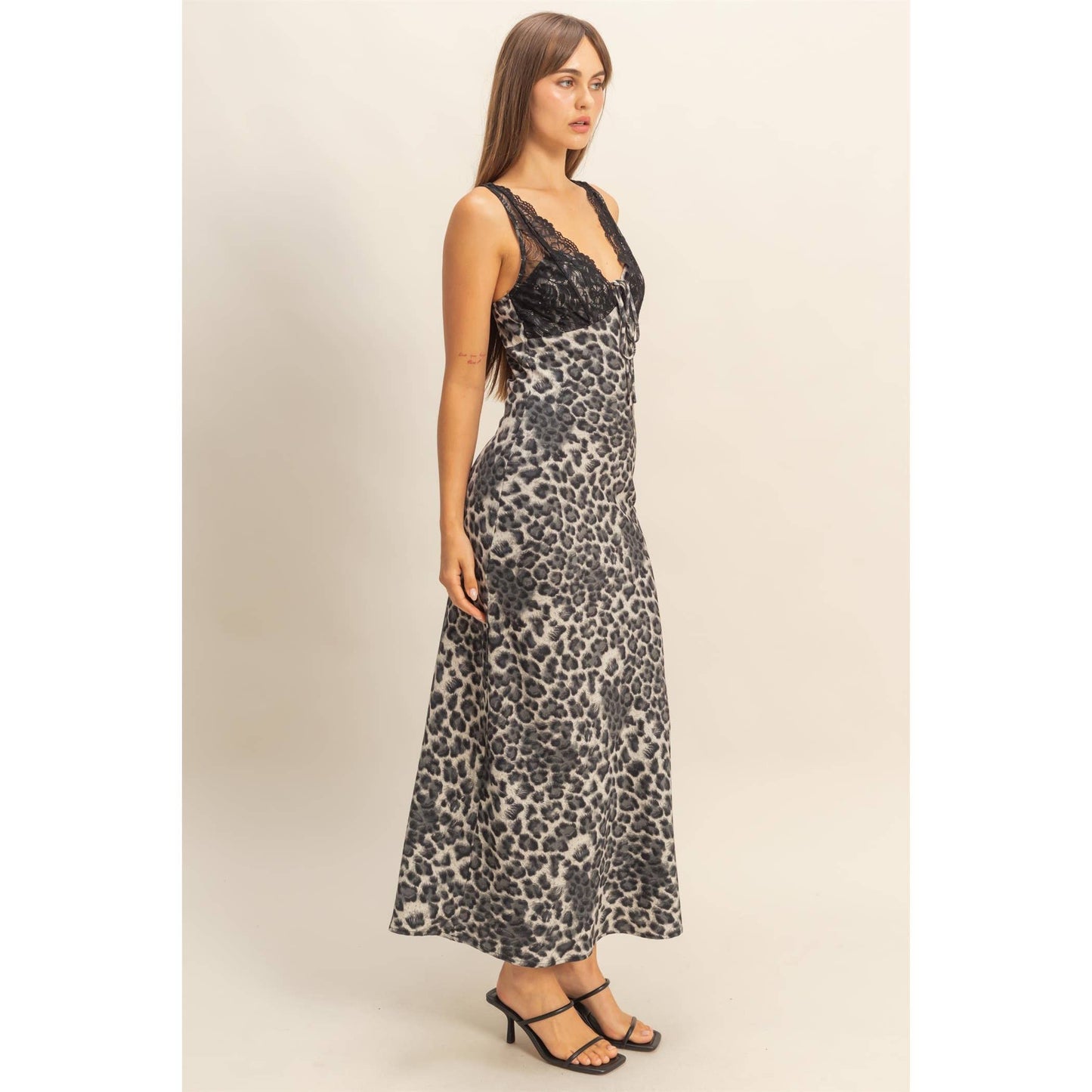 Lace-Trimmed Leopard Print Slip Dress