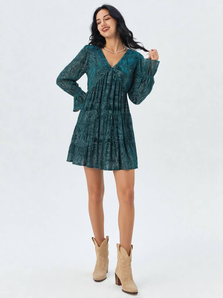 Deep V-neck Jacquard Velvet Holiday Mini Dress
