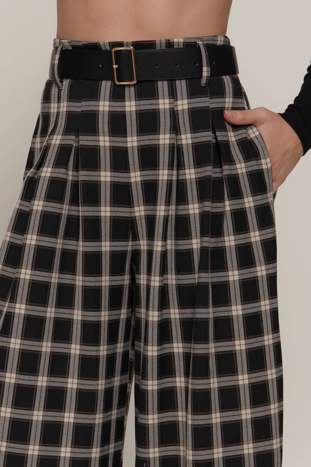 Pleats Detail Belted Side Zipper Plaid Woven Wide Long Pants
