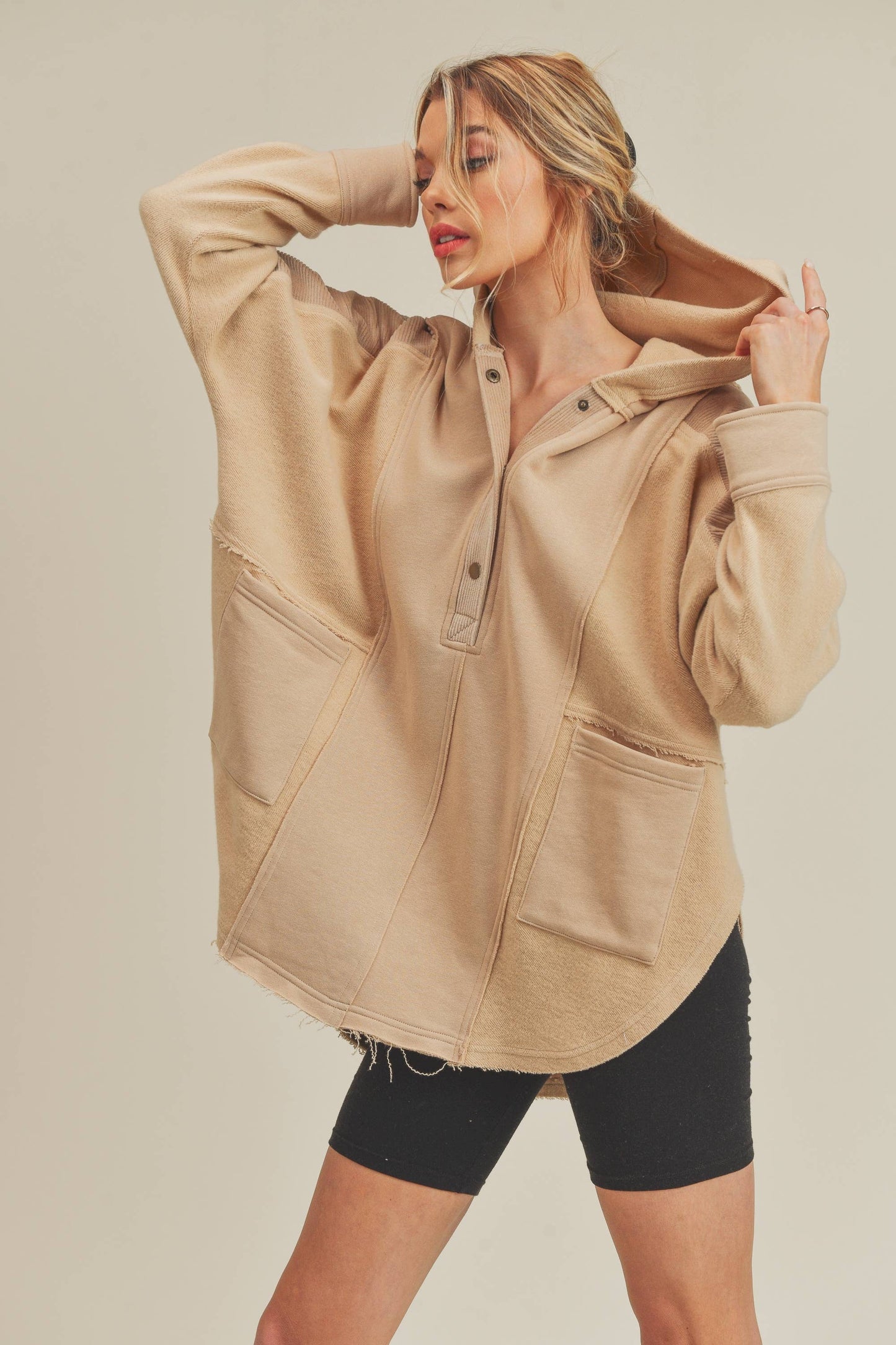 Mix Media Button Up Hooded Pullover