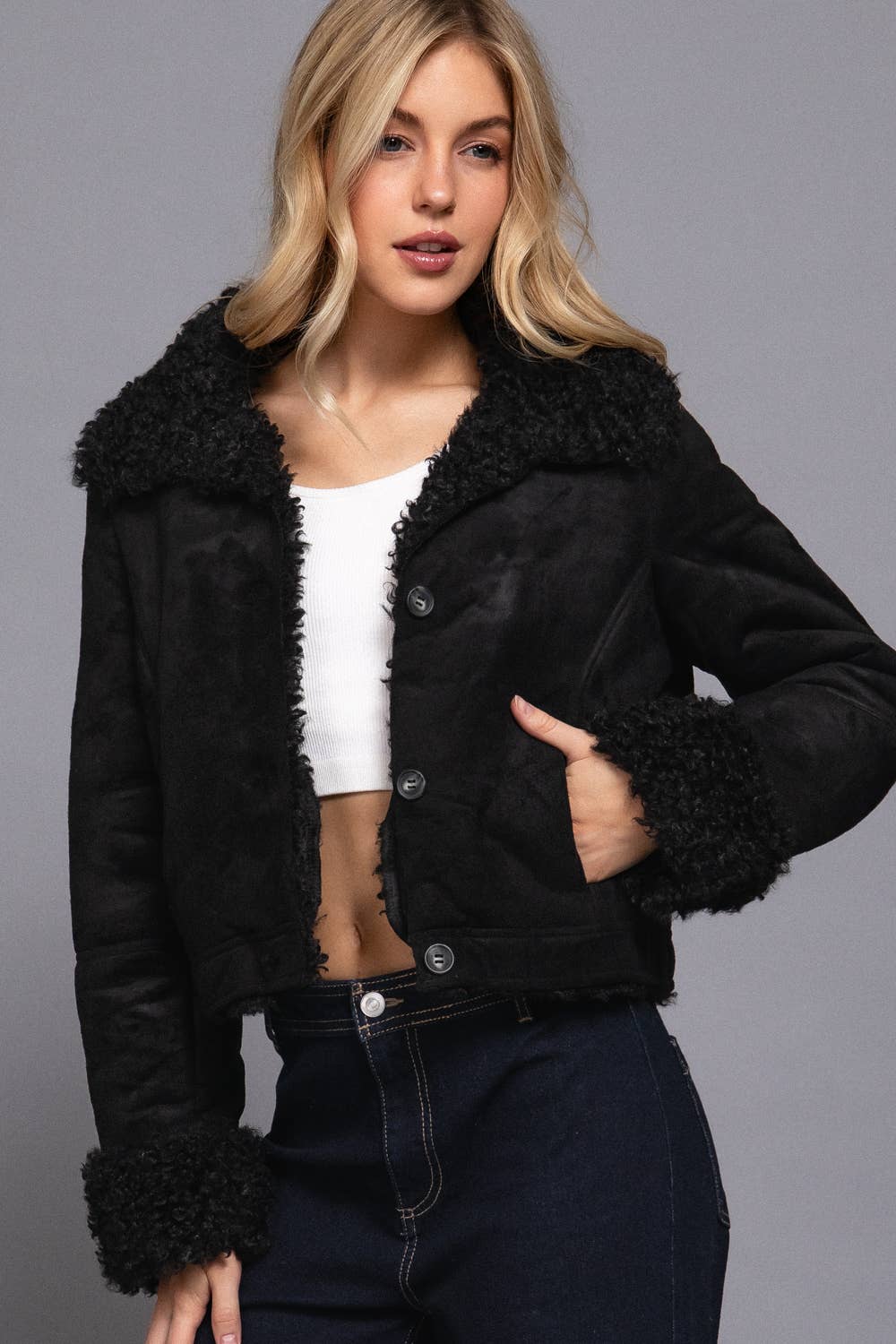 Inside Fur Detail Penny Lane Suede Short Jacket