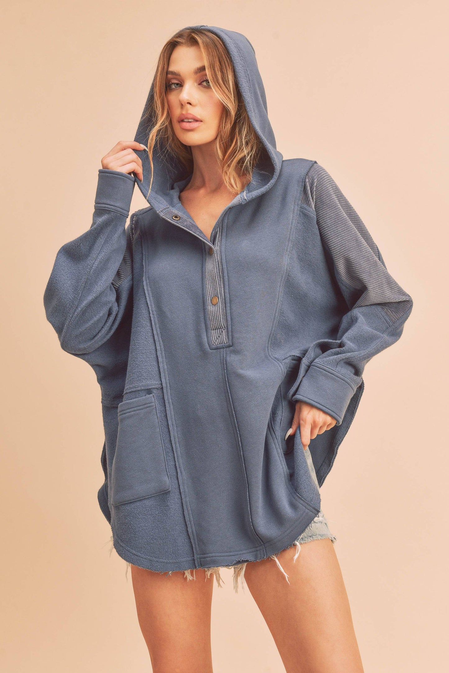 Mix Media Button Up Hooded Pullover