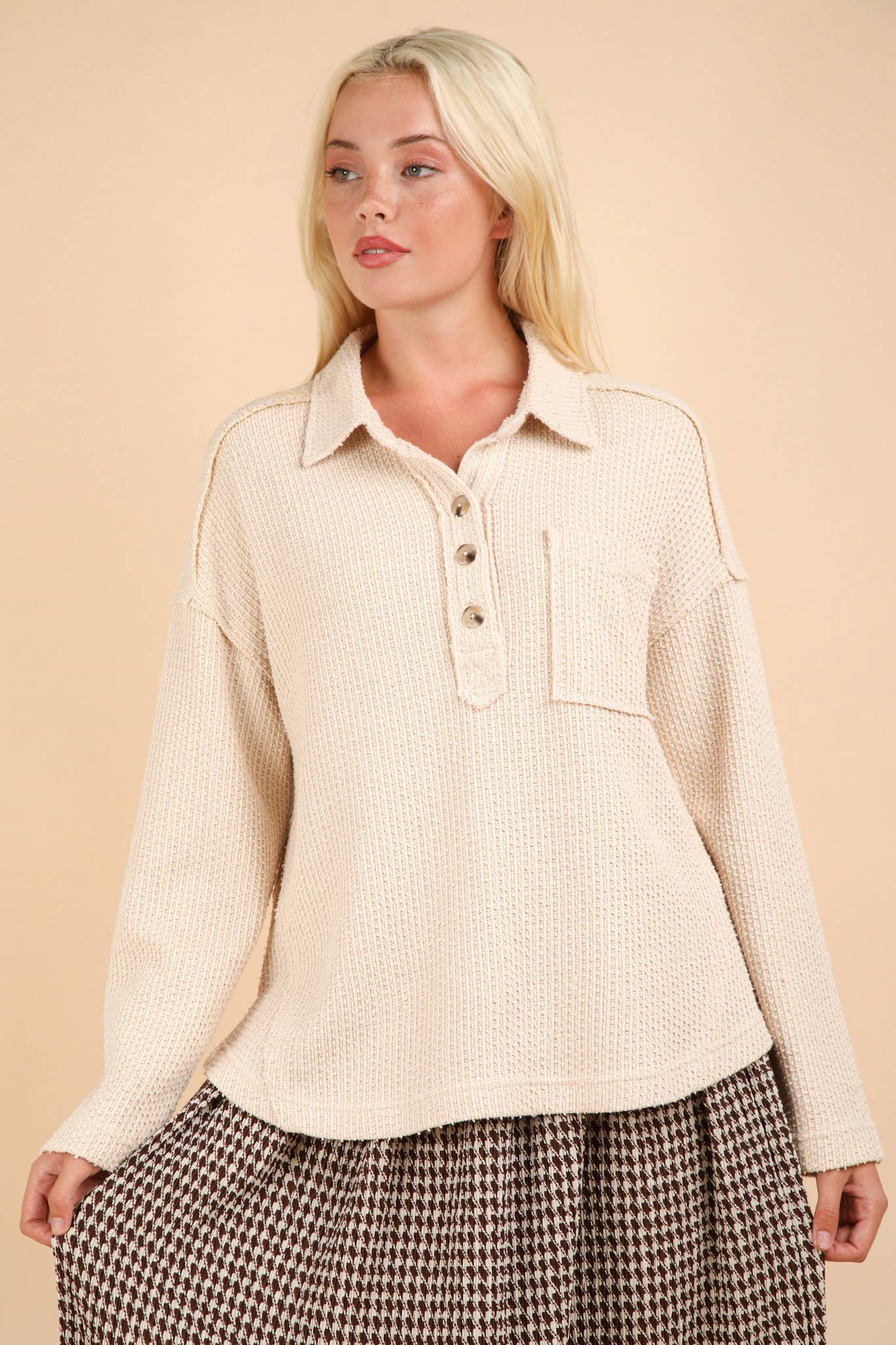 Half Button Down Collared Textured Henley Knit Top