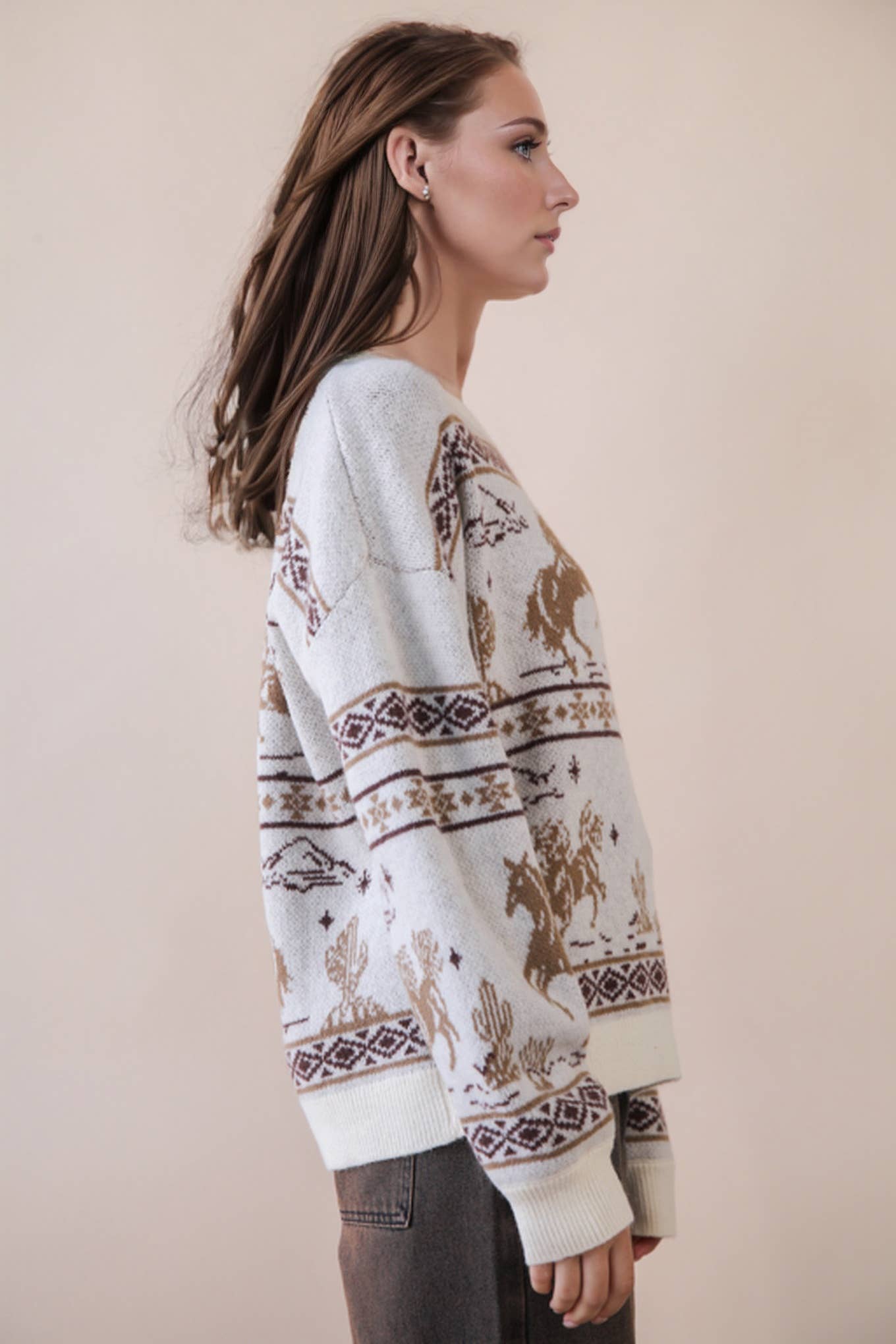 Oversized Western Horse Graphic Knit Sweater Top