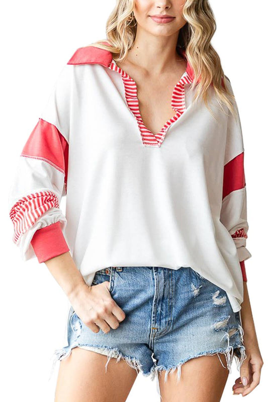 Contrast Stitch Collared Callie Striped Long Sleeve Top